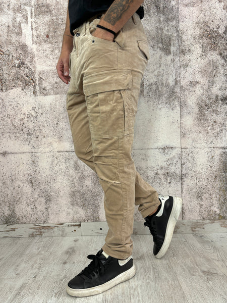 Pantalone velluto cargo beige