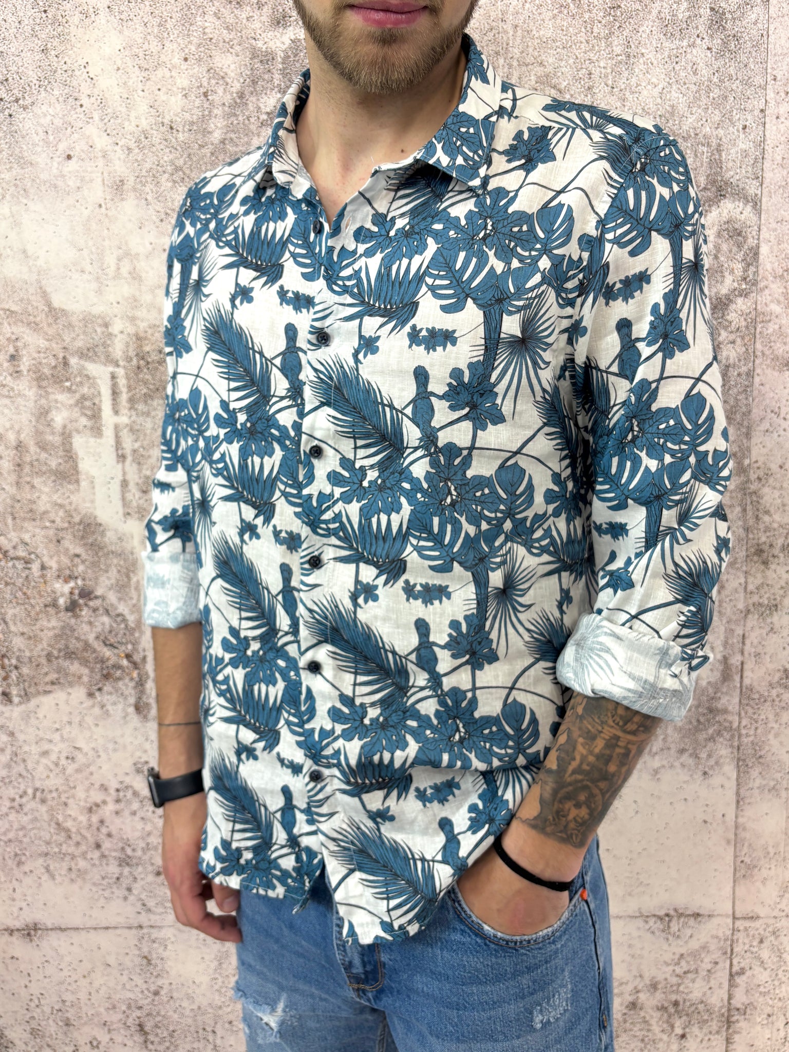 Camicia misto lino fantasia blu