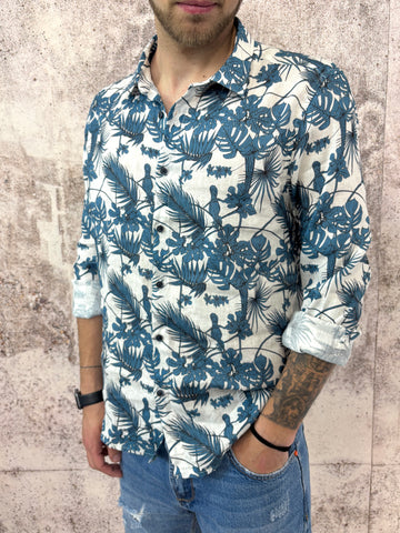 Camicia misto lino fantasia blu