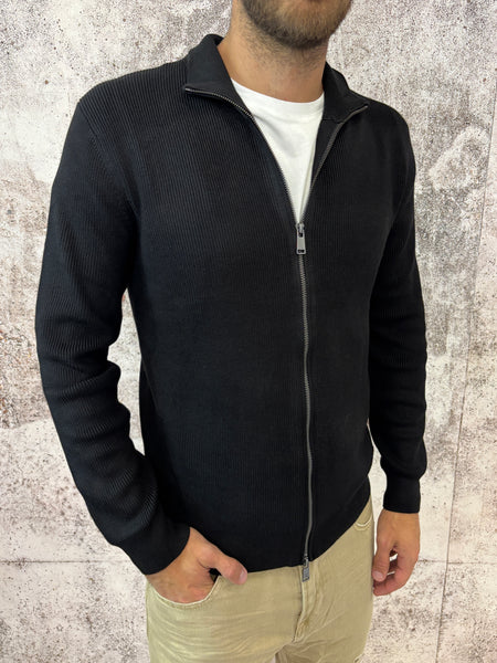 Maglione full zip nero costine