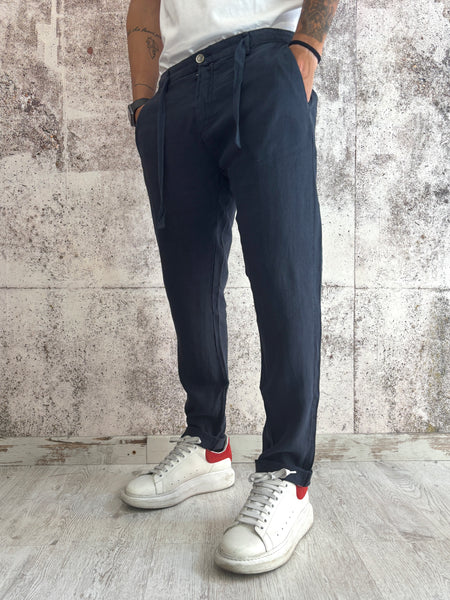 Pantalone lino blu con coulisse