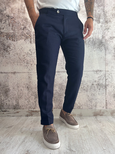 Pantalone chino misto lino blu