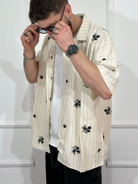 Camicia mezza manica fantasia righe/palme