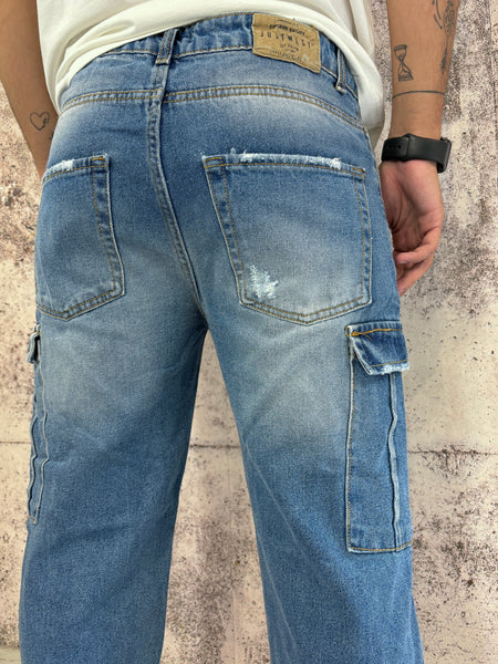 Jeans cargo lavaggio medio con rotture