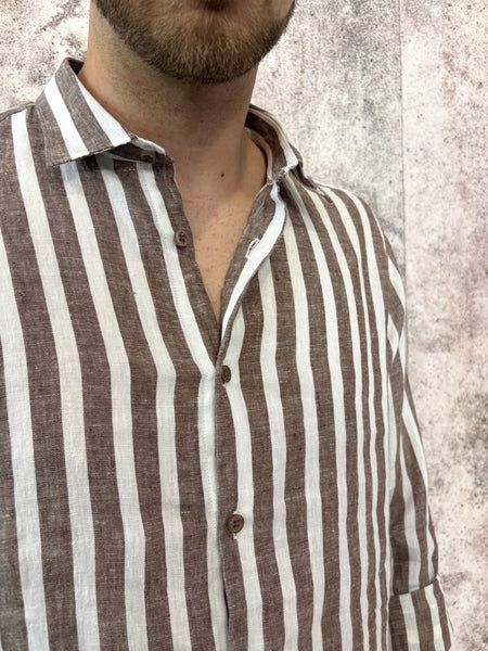 Camicia lino colletto francese  righe marroni