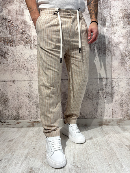 Striped beige linen blend trousers
