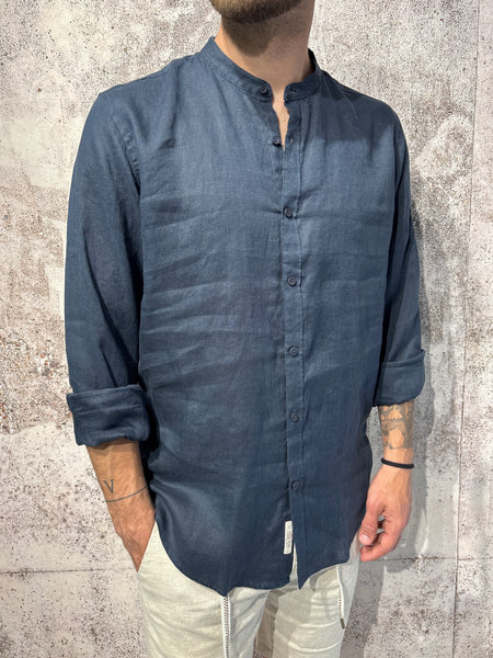 Camicia lino blu coreana