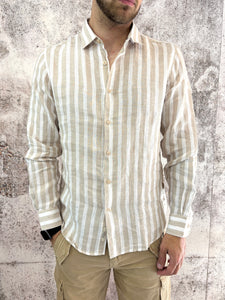 Camicia lino colletto francese righe beige