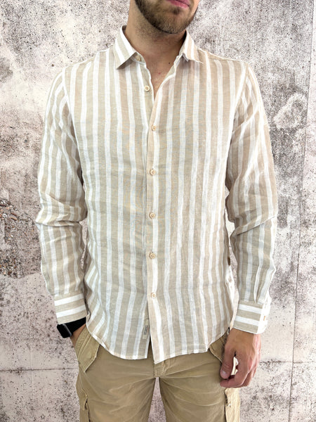 Camicia lino colletto francese righe beige