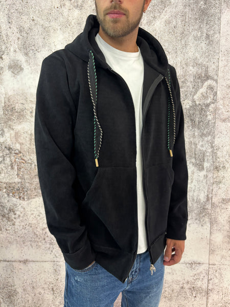 Felpa cappuccio full zip nera a costine