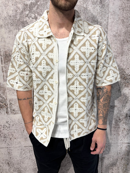 Camicia m/m in maglia lavorata beige e panna