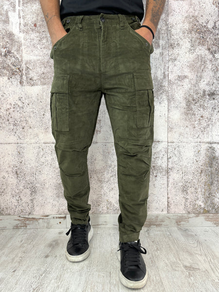 Pantalone velluto cargo verde militare