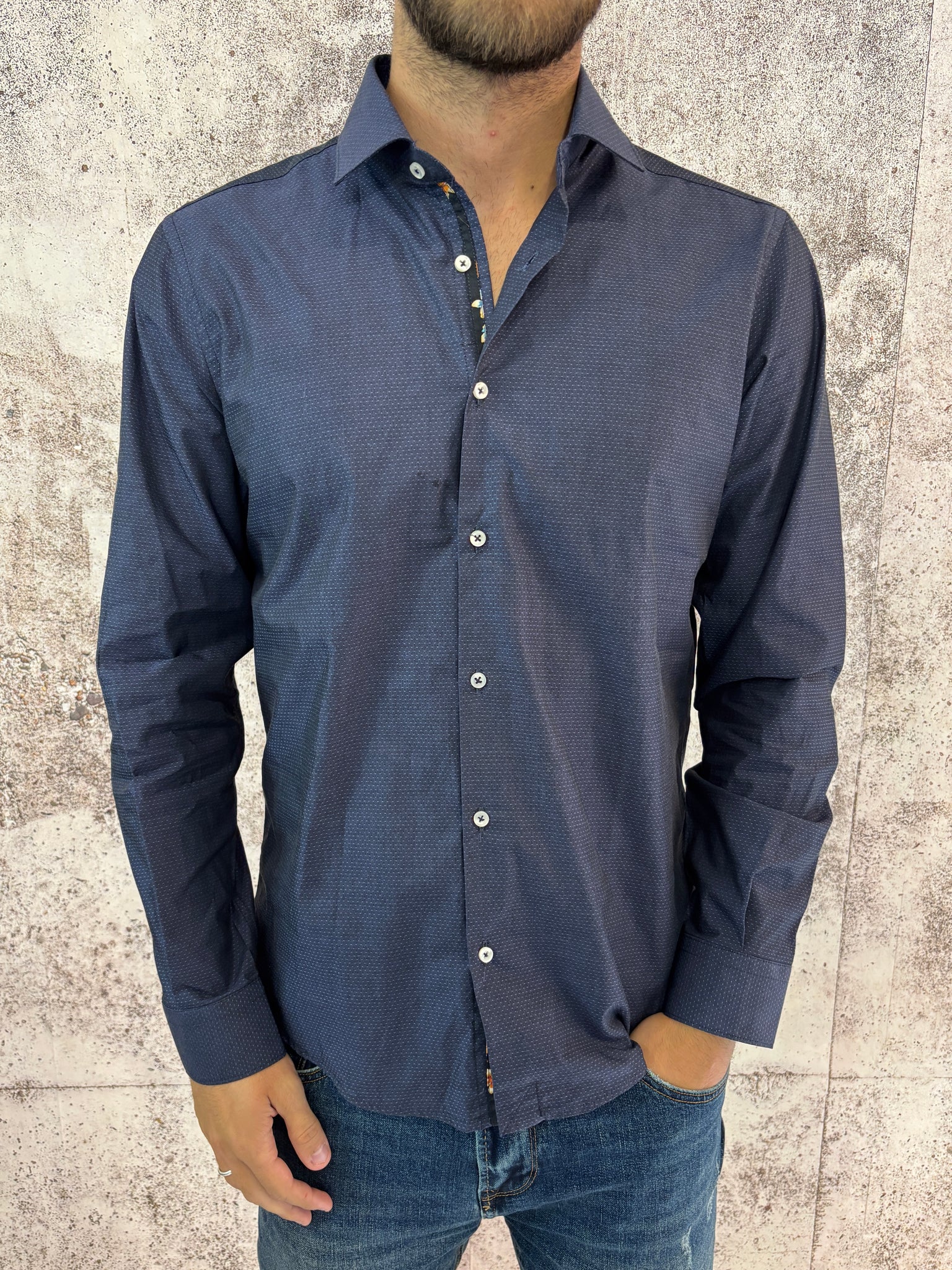 Camicia cotone blu microfantasia