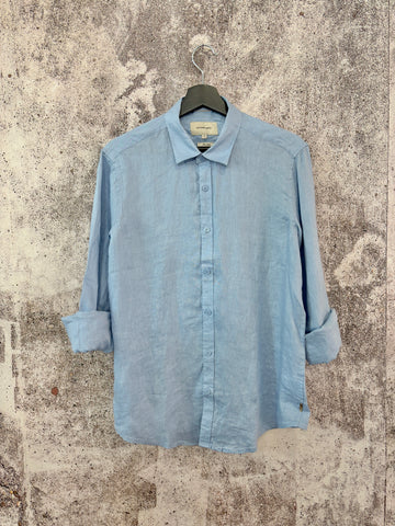 Camicia lino azzurra collo francese