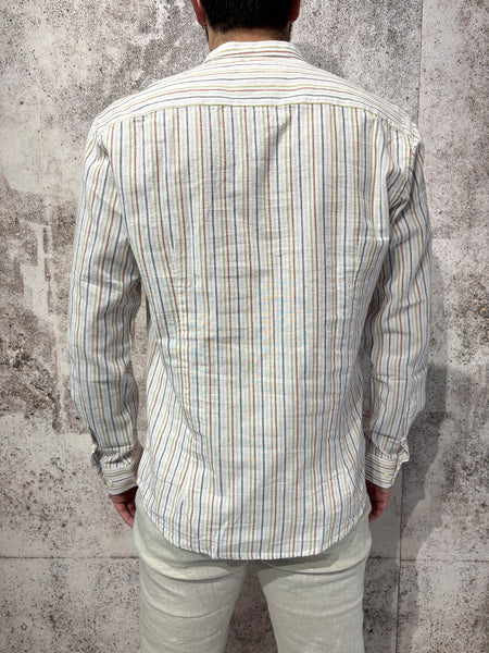 Camicia coreana misto Lino righe multicolor