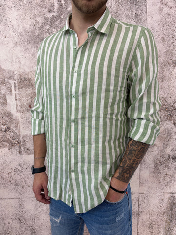 Camicia lino colletto francese righe verdi
