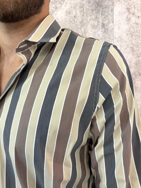 Camicia cotone righe beige/marroni/blu