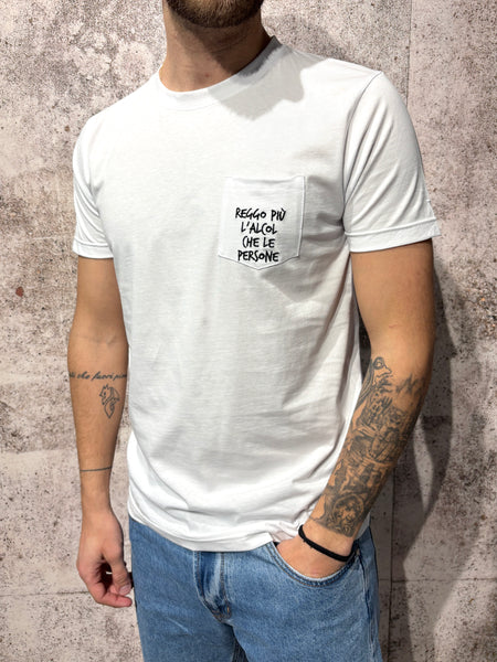 White T-shirt with embroidered text pocket