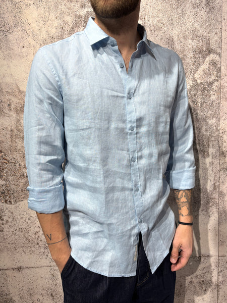 Camicia lino azzurra collo francese