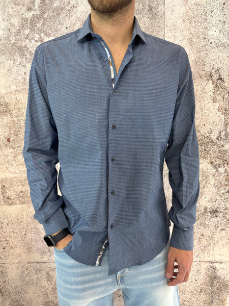 Camicia cotone blu polvere microfantasia
