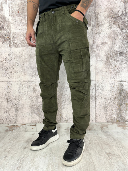 Pantalone velluto cargo verde militare