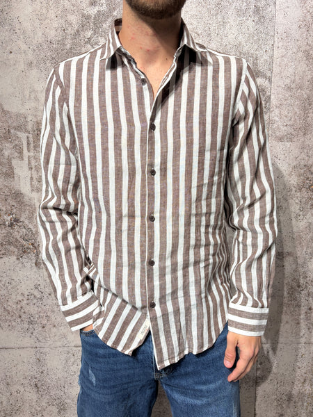 Brown striped linen blend shirt