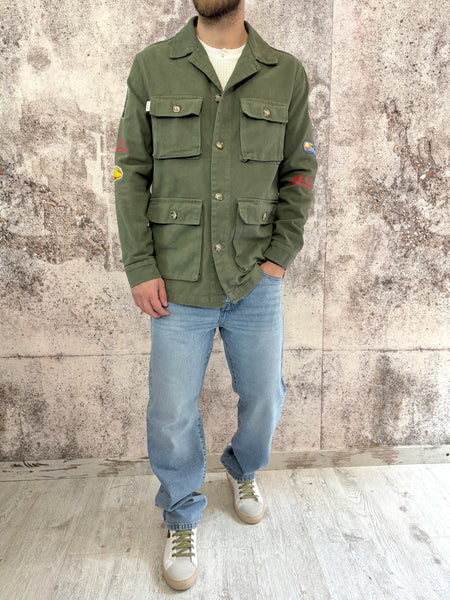 Giacca sahariana militare con patch e stampa retro
