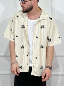 Camicia mezza manica fantasia righe/palme