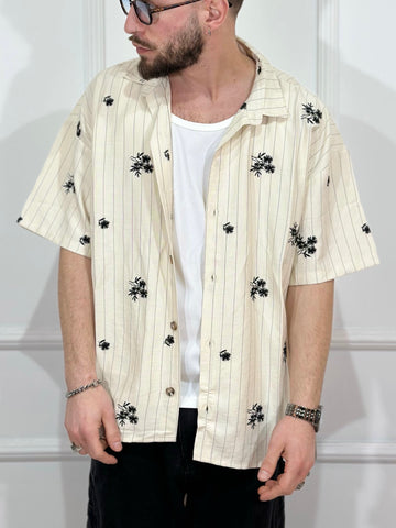 Camicia mezza manica fantasia righe/palme