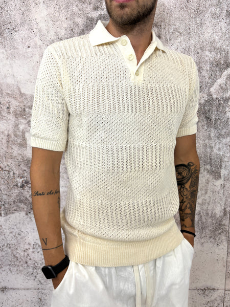 Polo in maglia traforata beige