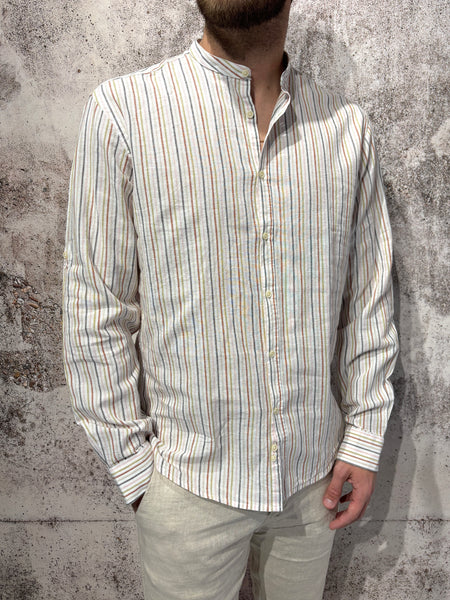 Camicia coreana misto Lino righe multicolor