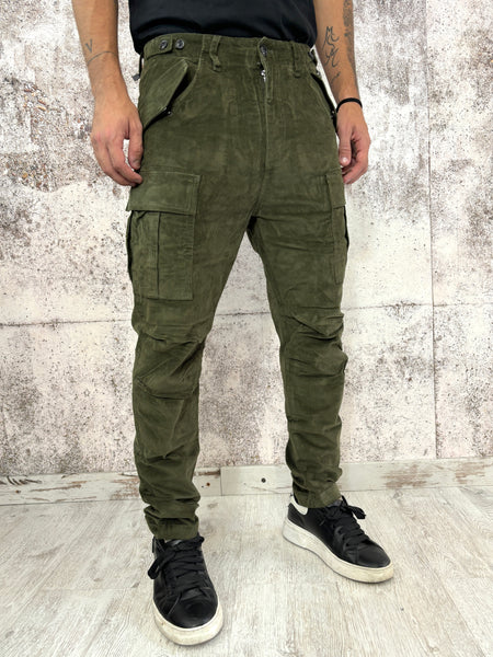 Pantalone velluto cargo verde militare