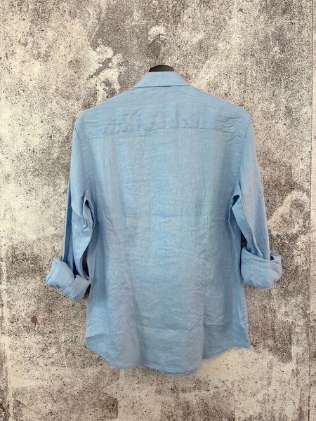 Camicia lino azzurra collo francese