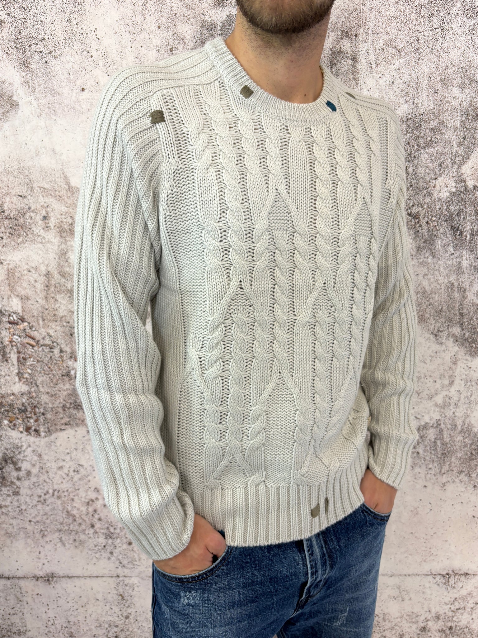 Maglione ghiaccio trecce e ricami