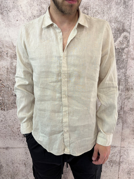 Camicia lino beige collo francese