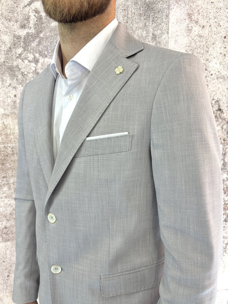 Abito monopetto grigio tessuto fiammato