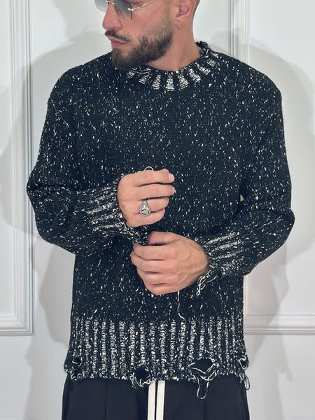 Maglione nero mélange con rotture