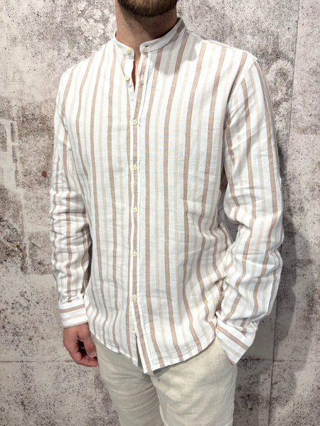 Korean collar linen blend shirt, beige/cocoa stripes