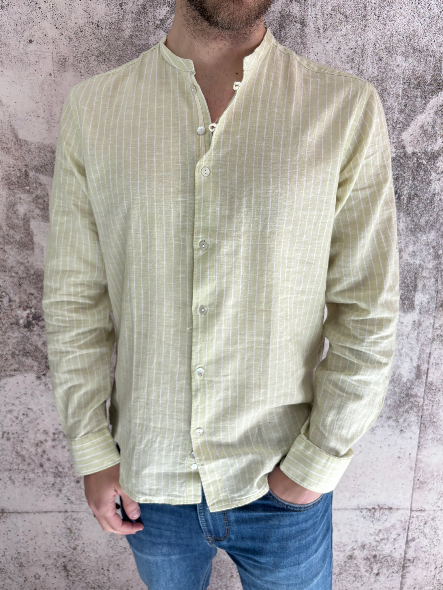 Camicia lime misto lino rigata