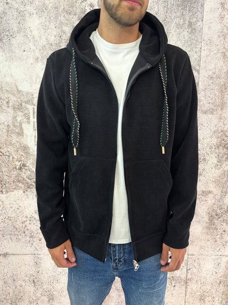 Felpa cappuccio full zip nera a costine