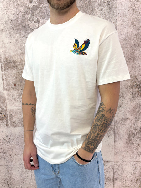 T-Shirt bianca con ricamo e stampa sul retro