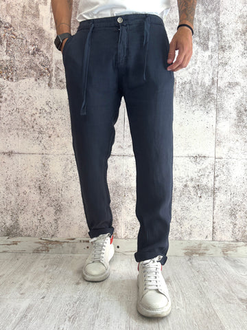 Pantalone lino blu con coulisse
