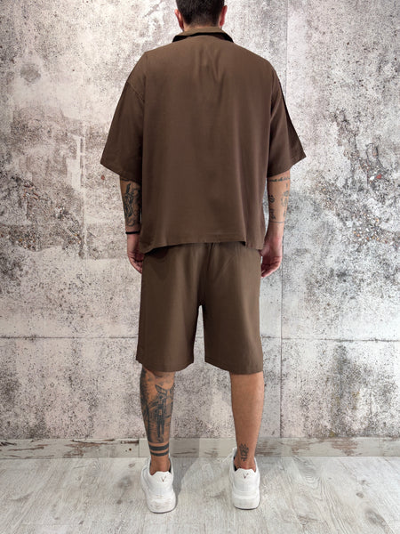 Completo camicia/bermuda cioccolato misto lino
