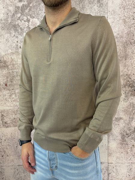 Maglione viscosa mezza zip camel