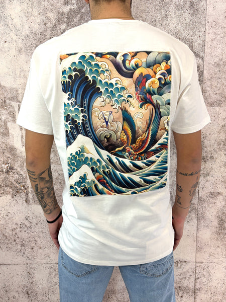 T-Shirt bianca con ricamo e stampa sul retro