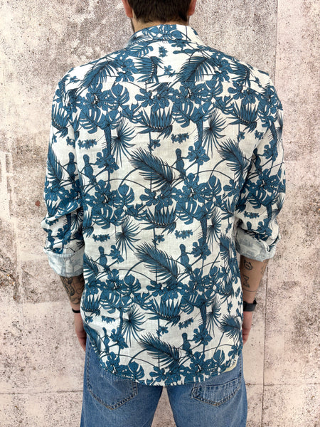 Camicia misto lino fantasia blu