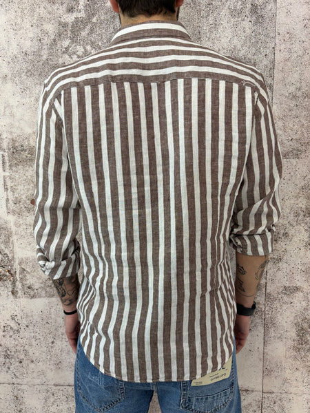 Camicia lino colletto francese  righe marroni