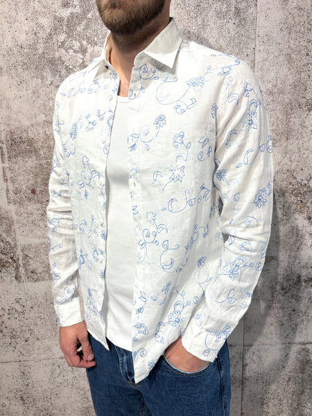 Blue floral print white linen shirt
