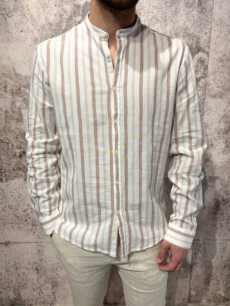 Korean collar linen blend shirt, beige/cocoa stripes