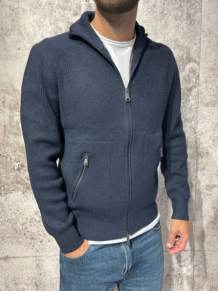 Maglione costine full zip blu